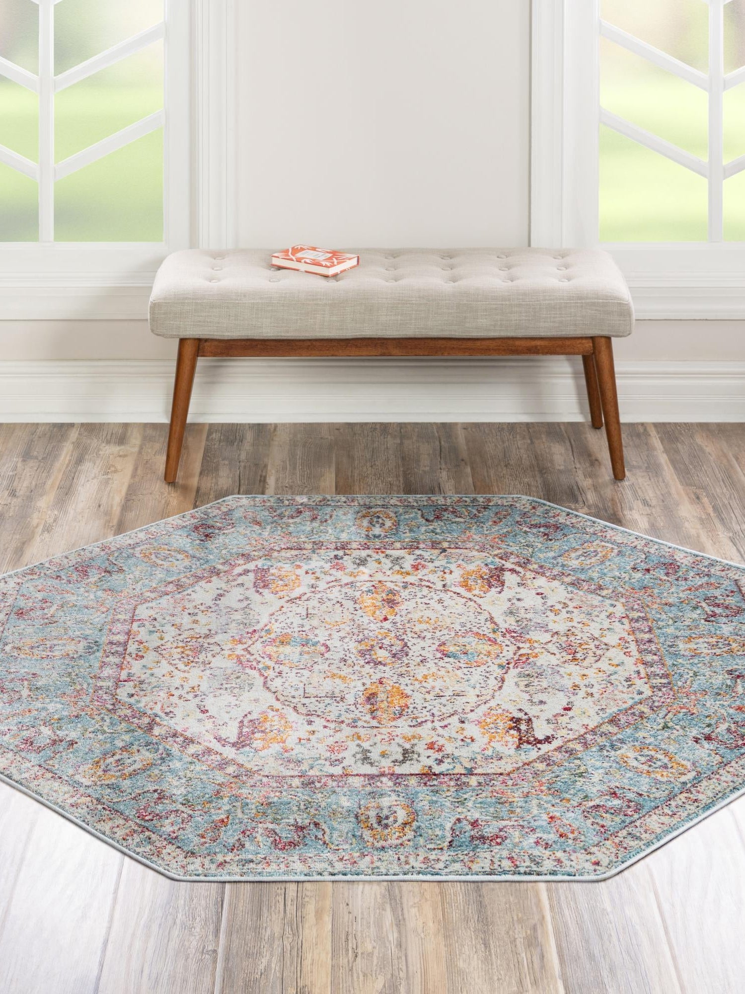 Light Blue 5' x 5' Baracoa Octagon Area Rug 100% Polypropylene Distressed Vintage Living Dining Room Office Traditional Carpet for Sale at Rug Engine