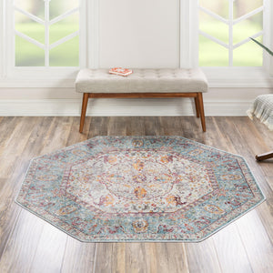 Light Blue 5' x 5' Baracoa Octagon Area Rug 100% Polypropylene Distressed Vintage Living Dining Room Office Traditional Carpet for Sale at Rug Engine