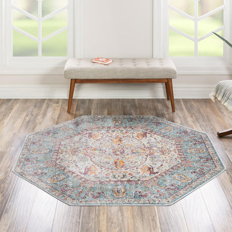 Light Blue 5' x 5' Baracoa Octagon Area Rug 100% Polypropylene Distressed Vintage Living Dining Room Office Traditional Carpet for Sale at Rug Engine