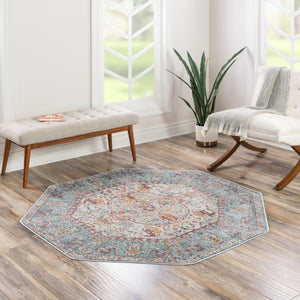 Light Blue 8' x 8' Baracoa Octagon Area Rug 100% Polypropylene Distressed Vintage Living Dining Room Office Traditional Carpet for Sale at Rug Engine