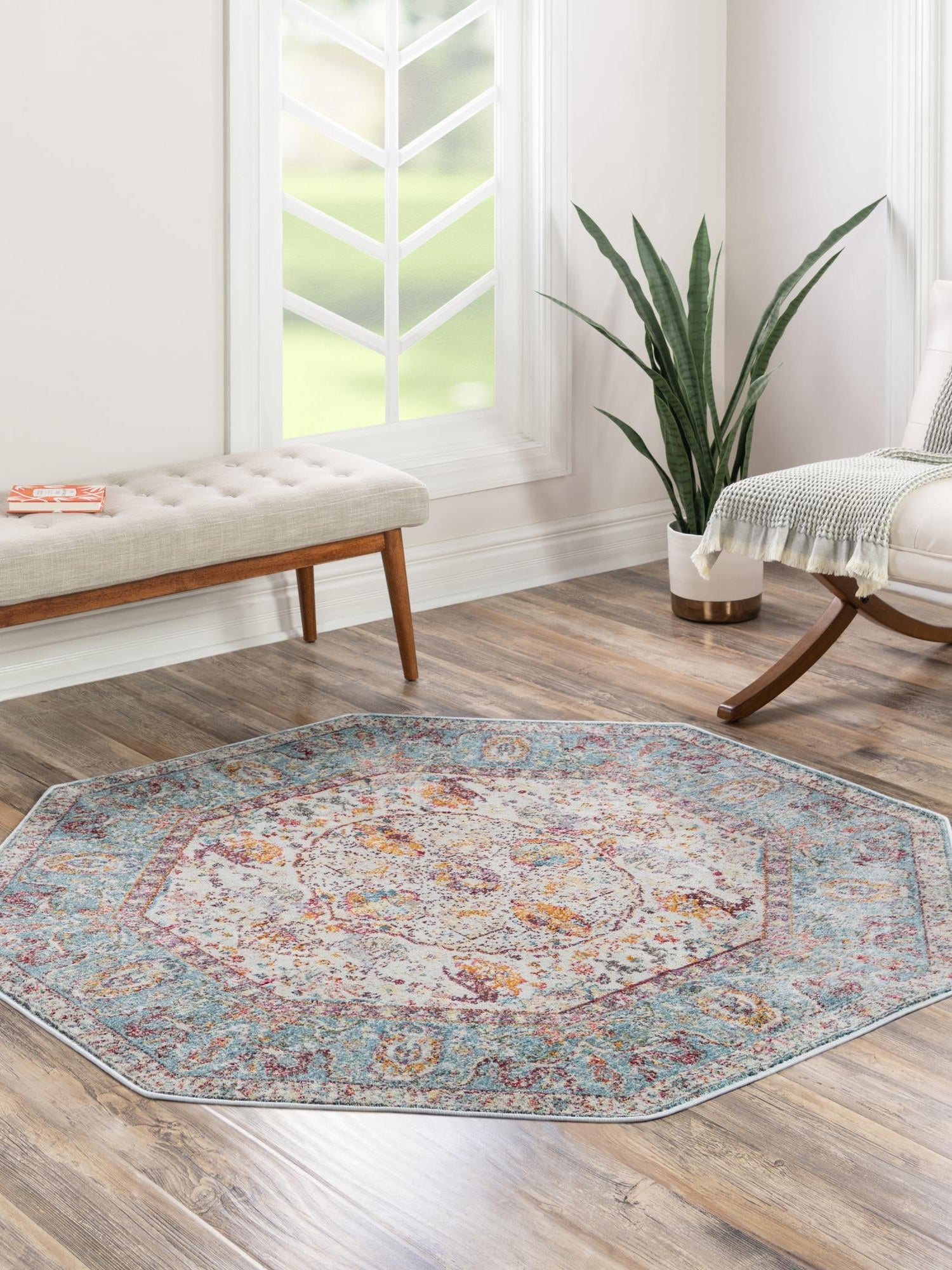 Light Blue 5' x 5' Baracoa Octagon Area Rug 100% Polypropylene Distressed Vintage Living Dining Room Office Traditional Carpet for Sale at Rug Engine