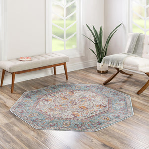 Light Blue 5' x 5' Baracoa Octagon Area Rug 100% Polypropylene Distressed Vintage Living Dining Room Office Traditional Carpet for Sale at Rug Engine