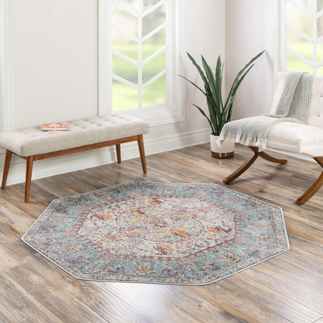Light Blue 5' x 5' Baracoa Octagon Area Rug 100% Polypropylene Distressed Vintage Living Dining Room Office Traditional Carpet for Sale at Rug Engine