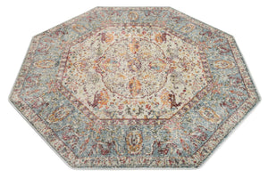 Light Blue 5' x 5' Baracoa Octagon Area Rug 100% Polypropylene Distressed Vintage Living Dining Room Office Traditional Carpet for Sale at Rug Engine