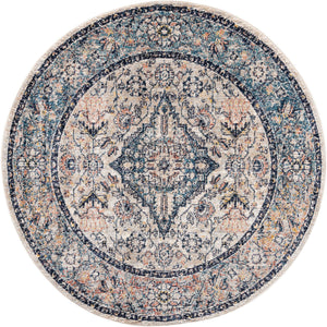 Blue 5' 2 x 5' 2 Lola Round Area Rug Polypropylene With Jute Backing Traditional Pattern Easy Clean Carpet for Home Interior Design for Sale at Rug Engine