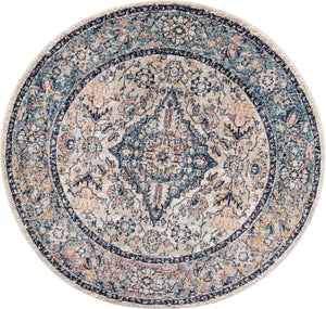 Blue 5' 2 x 5' 2 Lola Round Area Rug Polypropylene With Jute Backing Traditional Pattern Easy Clean Carpet for Home Interior Design for Sale at Rug Engine