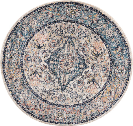 Blue 5' 2 x 5' 2 Lola Round Area Rug Polypropylene With Jute Backing Traditional Pattern Easy Clean Carpet for Home Interior Design for Sale at Rug Engine