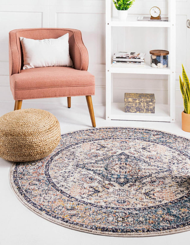 Blue 5' 2 x 5' 2 Lola Round Area Rug Polypropylene With Jute Backing Traditional Pattern Easy Clean Carpet for Home Interior Design for Sale at Rug Engine