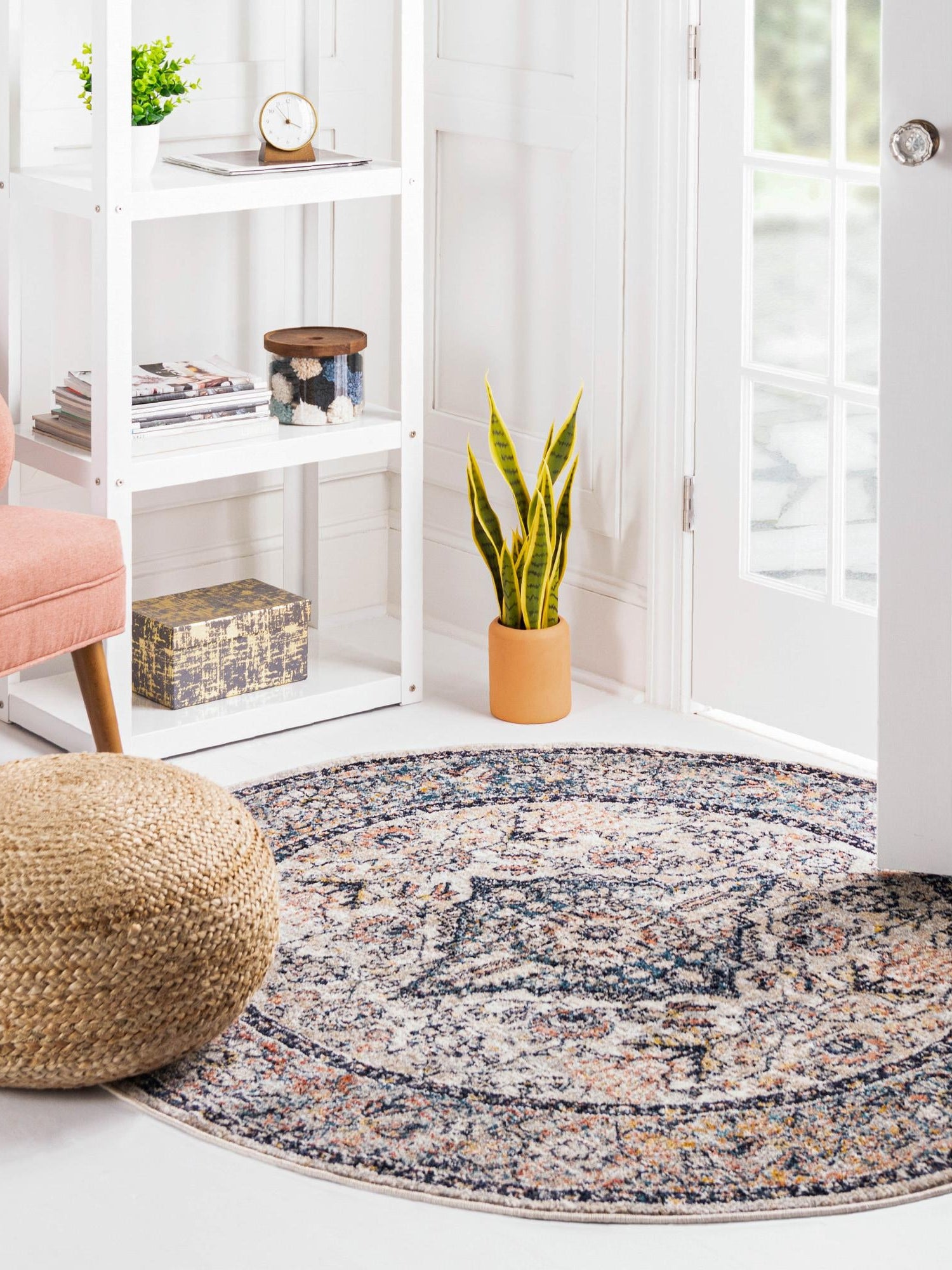 Blue 7' x 7' Lola Round Area Rug Polypropylene With Jute Backing Traditional Pattern Easy Clean Carpet for Home Interior Design for Sale at Rug Engine
