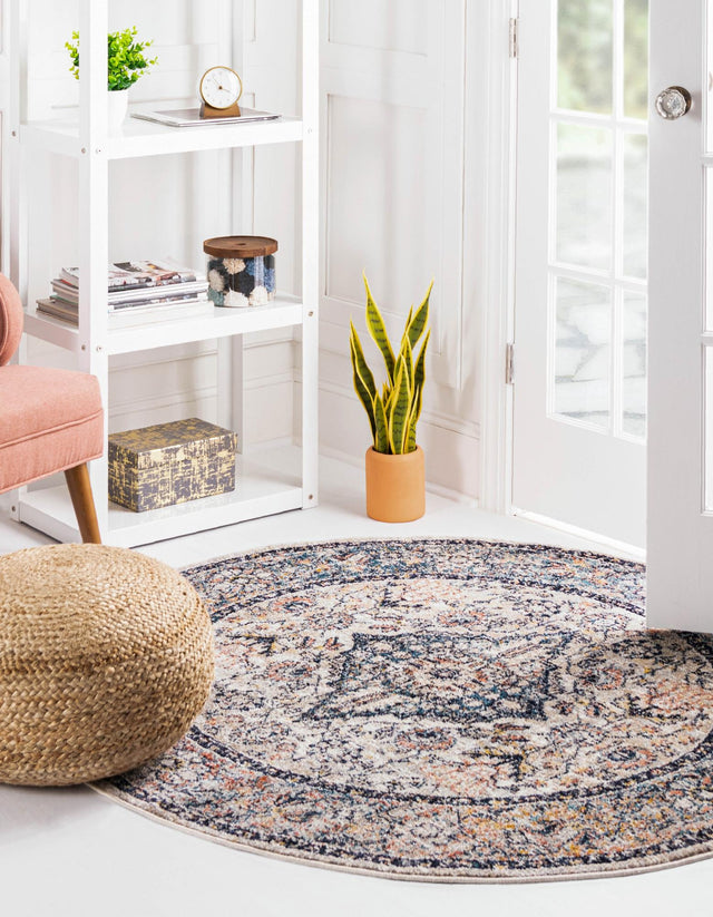 Blue 5' 2 x 5' 2 Lola Round Area Rug Polypropylene With Jute Backing Traditional Pattern Easy Clean Carpet for Home Interior Design for Sale at Rug Engine