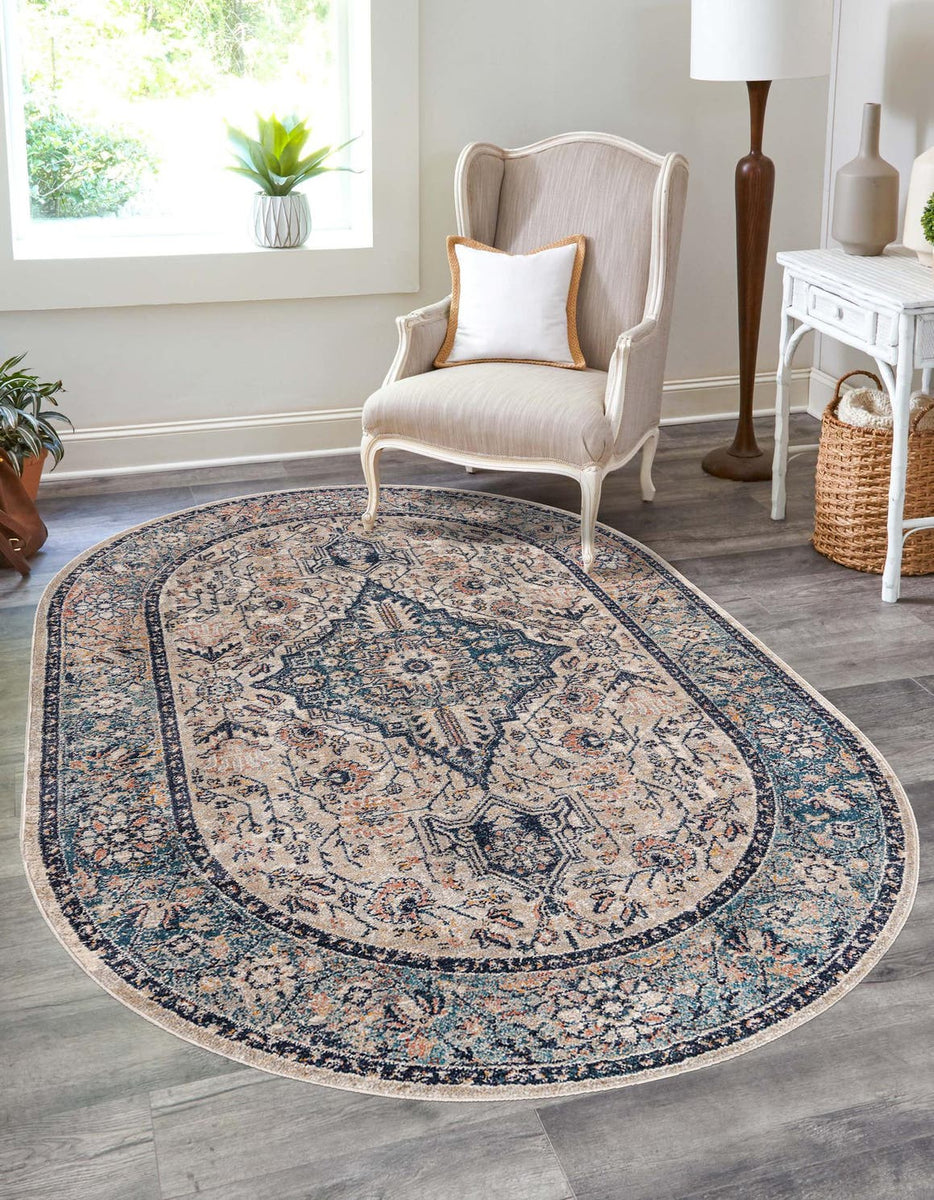 Blue 5' 3 x 8' Lola Oval Area Rug Polypropylene With Jute Backing Trad ...