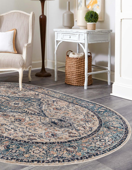 Blue 5' 3 x 8' Lola Oval Area Rug Polypropylene With Jute Backing Traditional Pattern Easy Clean Carpet for Home Interior Design for Sale at Rug Engine