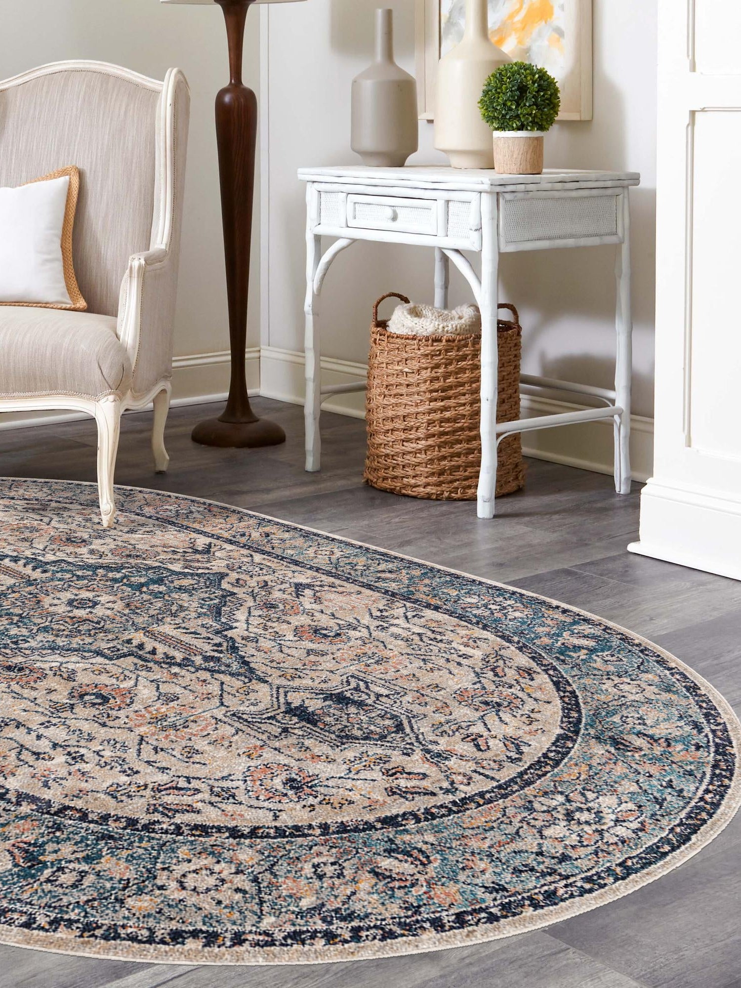 Blue 7' 10 x 10' 2 Lola Oval Area Rug Polypropylene With Jute Backing Traditional Pattern Easy Clean Carpet for Home Interior Design for Sale at Rug Engine