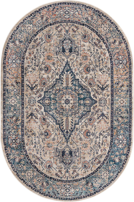 Blue 5' 3 x 8' Lola Oval Area Rug Polypropylene With Jute Backing Traditional Pattern Easy Clean Carpet for Home Interior Design for Sale at Rug Engine