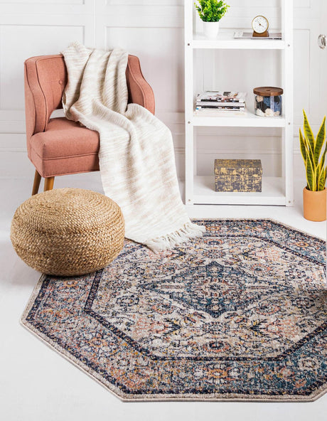 Blue 3' 11 x 3' 11 Lola Octagon Area Rug Polypropylene With Jute Backing Traditional Pattern Easy Clean Carpet for Home Interior Design for Sale at Rug Engine