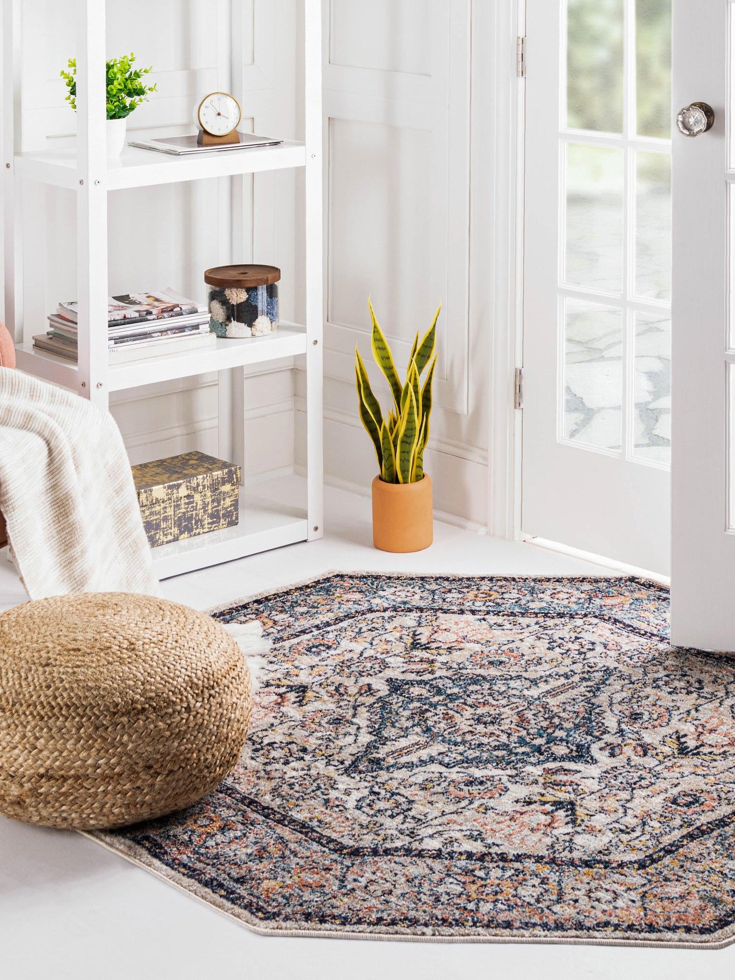 Blue 7' 10 x 7' 10 Lola Octagon Area Rug Polypropylene With Jute Backing Traditional Pattern Easy Clean Carpet for Home Interior Design for Sale at Rug Engine