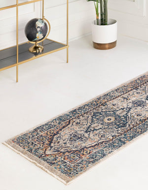 Blue 2' x 8' Lola Runner Area Rug Polypropylene With Jute Backing Traditional Pattern Easy Clean Carpet for Home Interior Design for Sale at Rug Engine