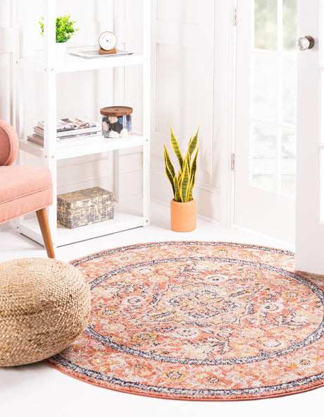 Brick Red 7' 10 x 7' 10 Lola Round Area Rug Polypropylene With Jute Backing Traditional Pattern Easy Clean Carpet for Home Interior Design for Sale at Rug Engine
