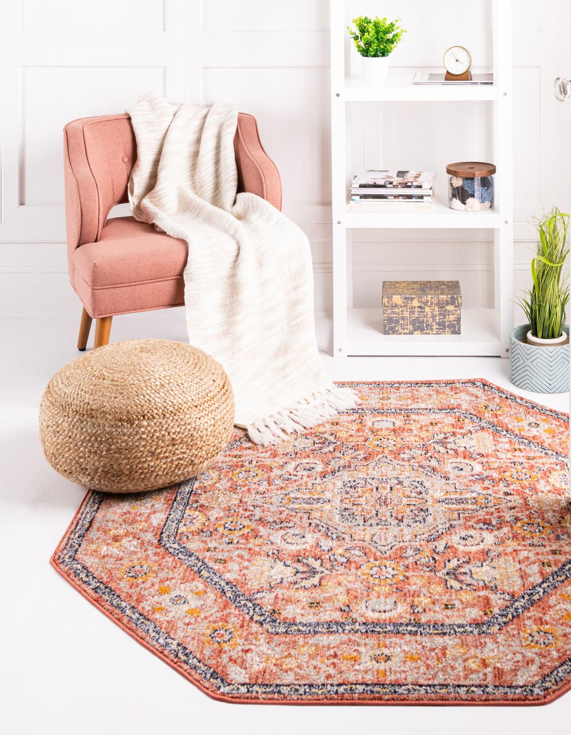 Brick Red 5' x 5' Lola Octagon Area Rug Polypropylene With Jute Backing Traditional Pattern Easy Clean Carpet for Home Interior Design for Sale at Rug Engine