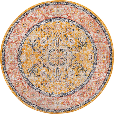 Yellow 5' 2 x 5' 2 Lola Round Area Rug Polypropylene With Jute Backing Traditional Pattern Easy Clean Carpet for Home Interior Design for Sale at Rug Engine