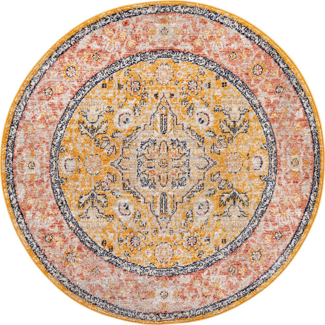 Yellow 5' 2 x 5' 2 Lola Round Area Rug Polypropylene With Jute Backing Traditional Pattern Easy Clean Carpet for Home Interior Design for Sale at Rug Engine