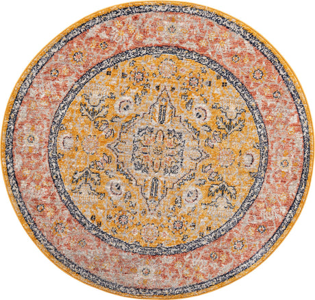 Yellow 5' 2 x 5' 2 Lola Round Area Rug Polypropylene With Jute Backing Traditional Pattern Easy Clean Carpet for Home Interior Design for Sale at Rug Engine