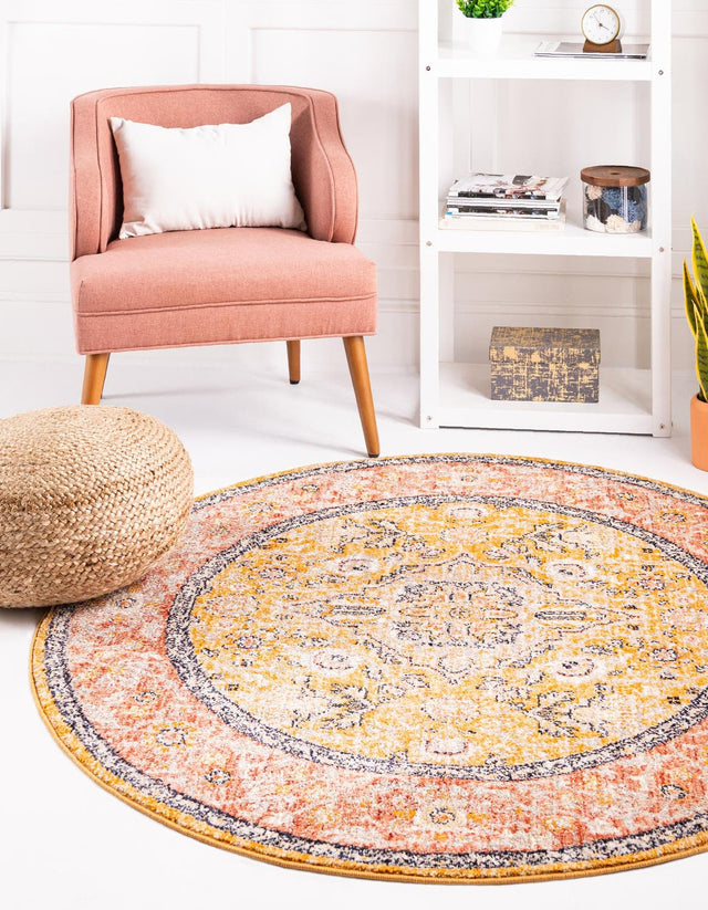 Yellow 7' 10 x 7' 10 Lola Round Area Rug Polypropylene With Jute Backing Traditional Pattern Easy Clean Carpet for Home Interior Design for Sale at Rug Engine