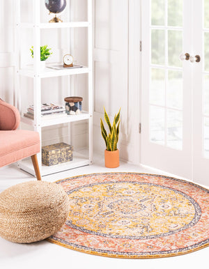 Yellow 7' 10 x 7' 10 Lola Round Area Rug Polypropylene With Jute Backing Traditional Pattern Easy Clean Carpet for Home Interior Design for Sale at Rug Engine