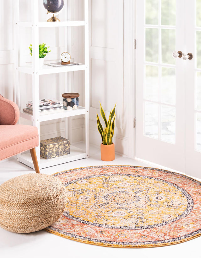 Yellow 7' 10 x 7' 10 Lola Round Area Rug Polypropylene With Jute Backing Traditional Pattern Easy Clean Carpet for Home Interior Design for Sale at Rug Engine