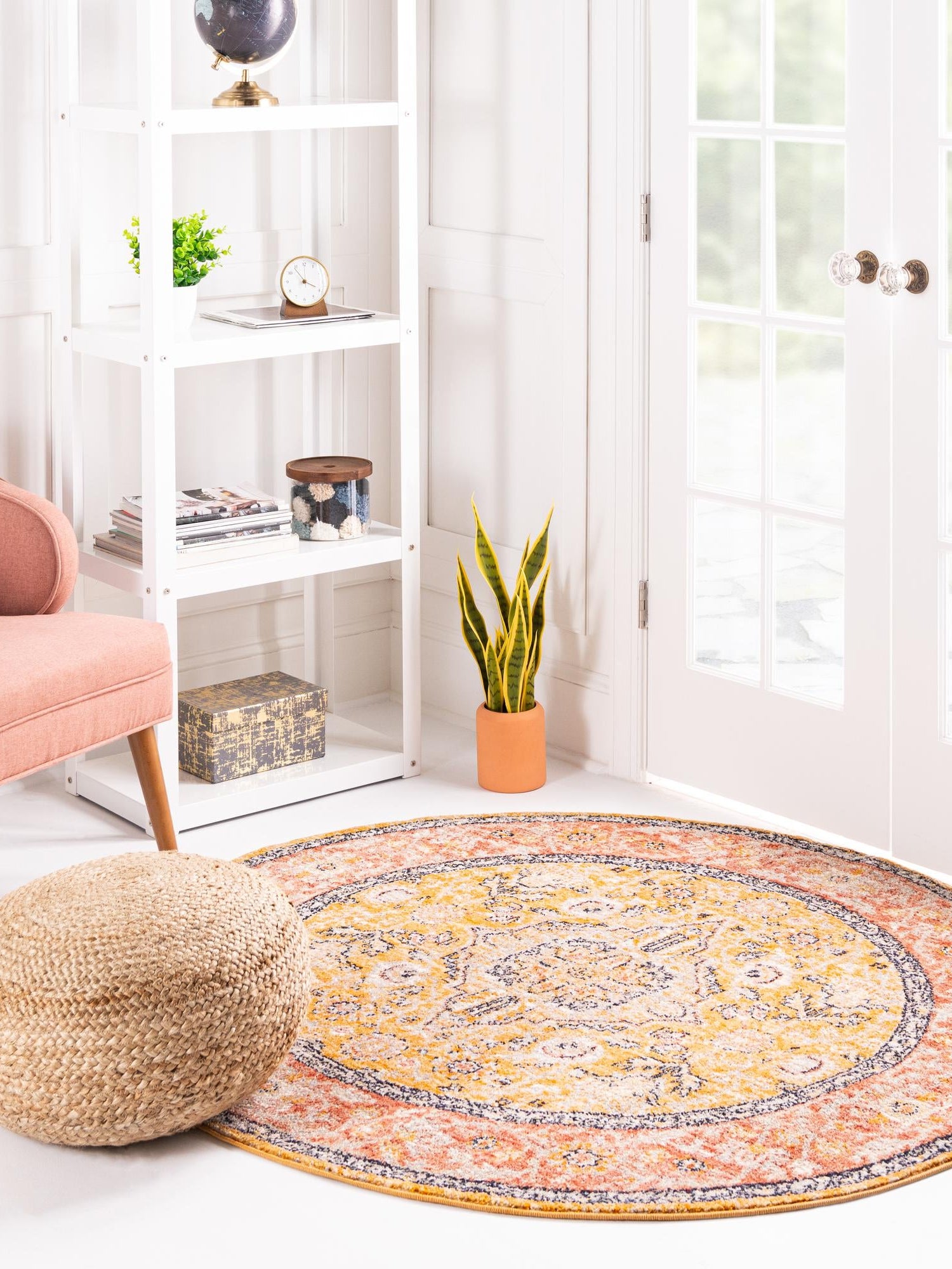 Yellow 3' 11 x 3' 11 Lola Round Area Rug Polypropylene With Jute Backing Traditional Pattern Easy Clean Carpet for Home Interior Design for Sale at Rug Engine