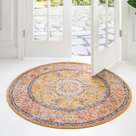 Yellow 7' x 7' Lola Round Area Rug Polypropylene With Jute Backing Traditional Pattern Easy Clean Carpet for Home Interior Design for Sale at Rug Engine