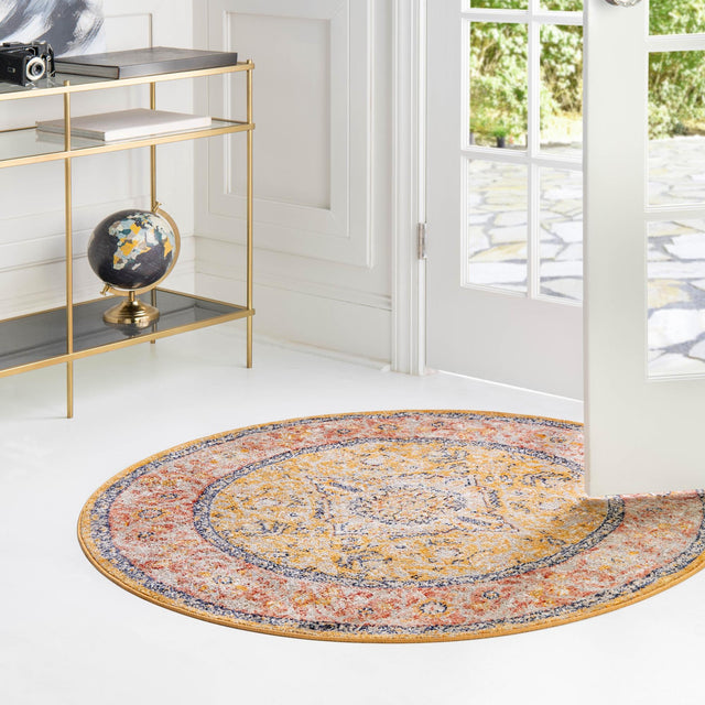 Yellow 5' 2 x 5' 2 Lola Round Area Rug Polypropylene With Jute Backing Traditional Pattern Easy Clean Carpet for Home Interior Design for Sale at Rug Engine