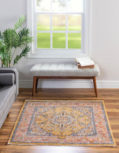 Yellow 3' 11 x 3' 11 Lola Square Area Rug Polypropylene With Jute Backing Traditional Pattern Easy Clean Carpet for Home Interior Design for Sale at Rug Engine