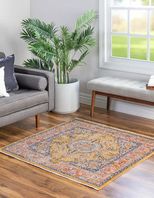 Yellow 7' 10 x 7' 10 Lola Square Area Rug Polypropylene With Jute Backing Traditional Pattern Easy Clean Carpet for Home Interior Design for Sale at Rug Engine