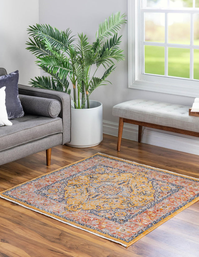Yellow 7' 10 x 7' 10 Lola Square Area Rug Polypropylene With Jute Backing Traditional Pattern Easy Clean Carpet for Home Interior Design for Sale at Rug Engine
