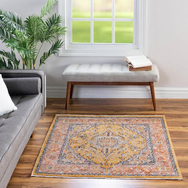 Yellow 7' 10 x 7' 10 Lola Square Area Rug Polypropylene With Jute Backing Traditional Pattern Easy Clean Carpet for Home Interior Design for Sale at Rug Engine
