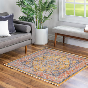 Yellow 7' 10 x 7' 10 Lola Square Area Rug Polypropylene With Jute Backing Traditional Pattern Easy Clean Carpet for Home Interior Design for Sale at Rug Engine