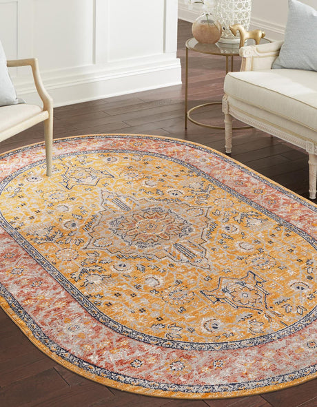 Yellow 5' 3 x 8' Lola Oval Area Rug Polypropylene With Jute Backing Traditional Pattern Easy Clean Carpet for Home Interior Design for Sale at Rug Engine
