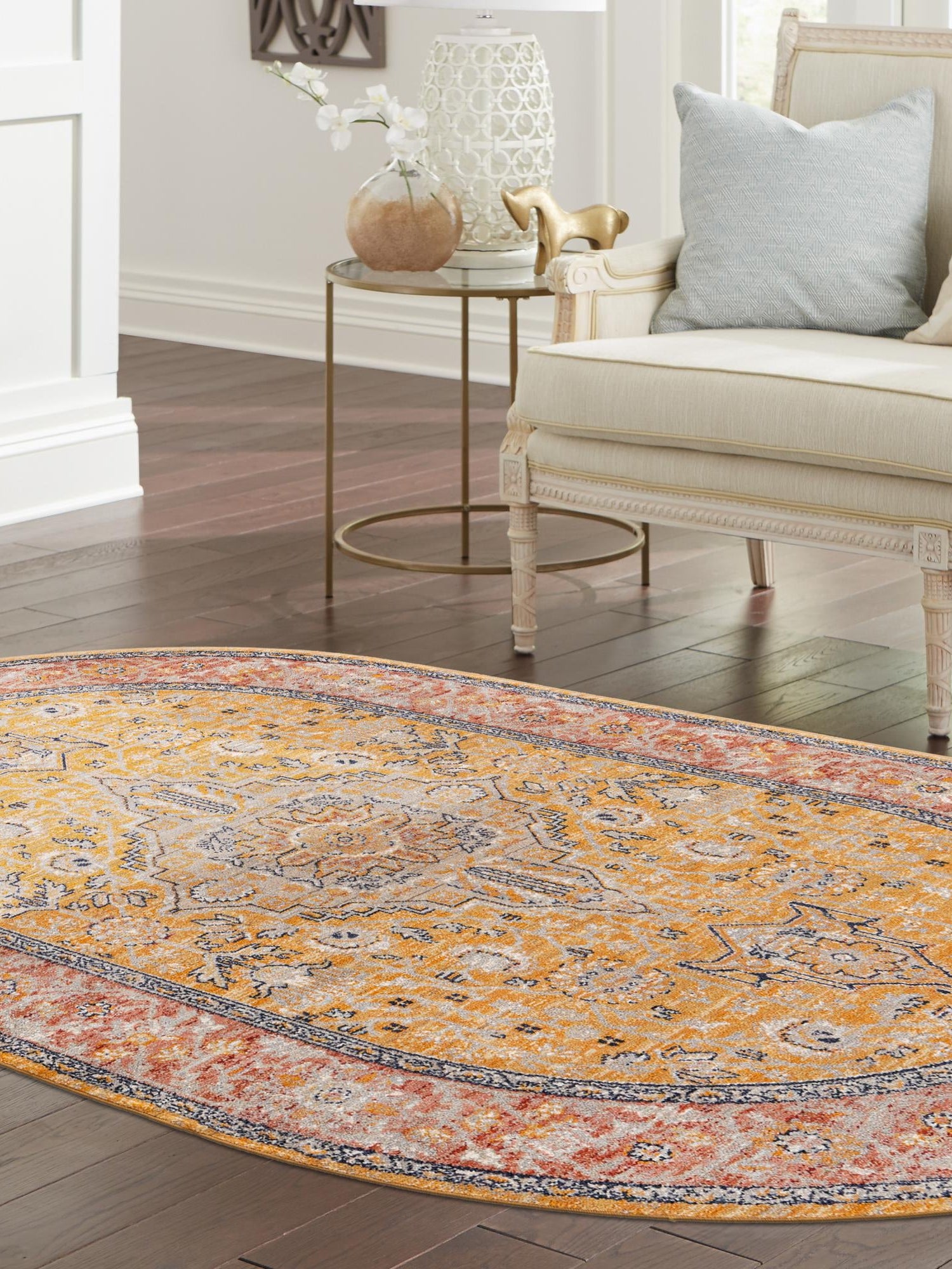 Yellow 5' 3 x 8' Lola Oval Area Rug Polypropylene With Jute Backing Traditional Pattern Easy Clean Carpet for Home Interior Design for Sale at Rug Engine