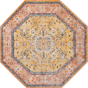 Yellow 5' x 5' Lola Octagon Area Rug Polypropylene With Jute Backing Traditional Pattern Easy Clean Carpet for Home Interior Design for Sale at Rug Engine