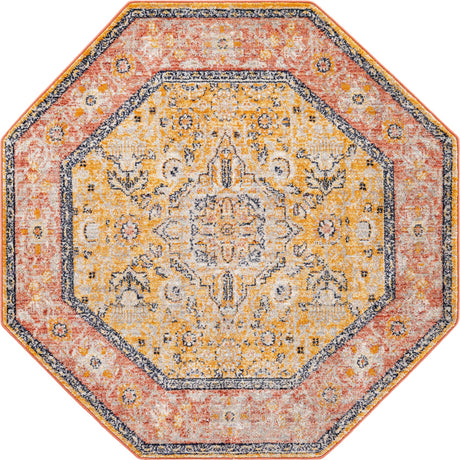 Yellow 5' x 5' Lola Octagon Area Rug Polypropylene With Jute Backing Traditional Pattern Easy Clean Carpet for Home Interior Design for Sale at Rug Engine