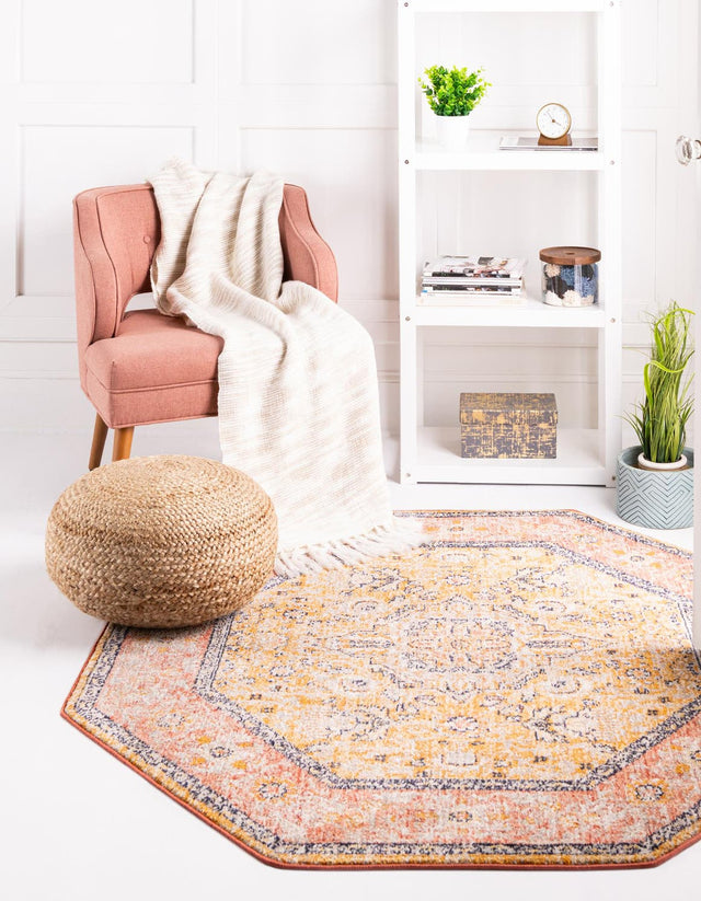 Yellow 5' x 5' Lola Octagon Area Rug Polypropylene With Jute Backing Traditional Pattern Easy Clean Carpet for Home Interior Design for Sale at Rug Engine