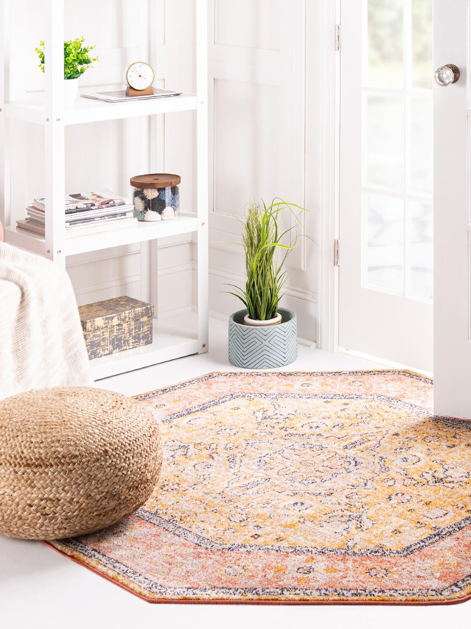 Yellow 5' x 5' Lola Octagon Area Rug Polypropylene With Jute Backing Traditional Pattern Easy Clean Carpet for Home Interior Design for Sale at Rug Engine