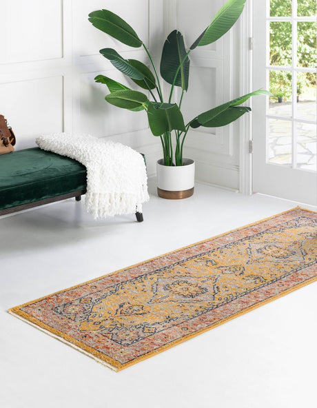 Yellow 2' x 8' Lola Runner Area Rug Polypropylene With Jute Backing Traditional Pattern Easy Clean Carpet for Home Interior Design for Sale at Rug Engine