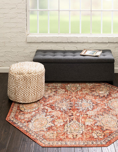 Brick Red 5' x 5' Lola Octagon Area Rug Polypropylene With Jute Backing Traditional Pattern Easy Clean Carpet for Home Interior Design for Sale at Rug Engine