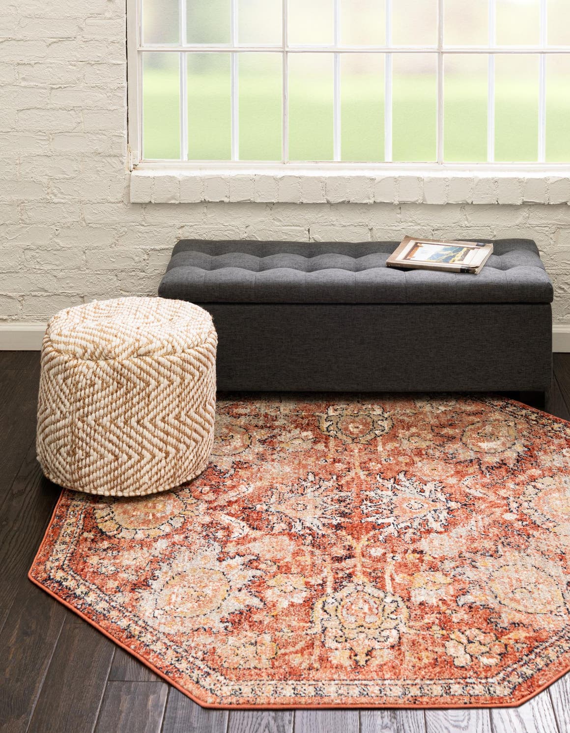 Brick Red 3' 11 x 3' 11 Lola Octagon Area Rug Polypropylene With Jute Backing Traditional Pattern Easy Clean Carpet for Home Interior Design for Sale at Rug Engine