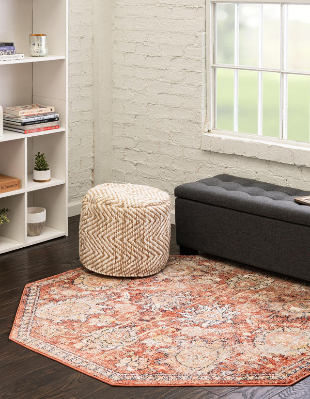 Brick Red 5' x 5' Lola Octagon Area Rug Polypropylene With Jute Backing Traditional Pattern Easy Clean Carpet for Home Interior Design for Sale at Rug Engine