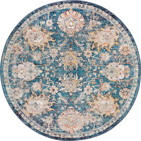 Blue 5' 2 x 5' 2 Lola Round Area Rug Polypropylene With Jute Backing Traditional Pattern Easy Clean Carpet for Home Interior Design for Sale at Rug Engine