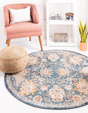 Blue 5' 2 x 5' 2 Lola Round Area Rug Polypropylene With Jute Backing Traditional Pattern Easy Clean Carpet for Home Interior Design for Sale at Rug Engine