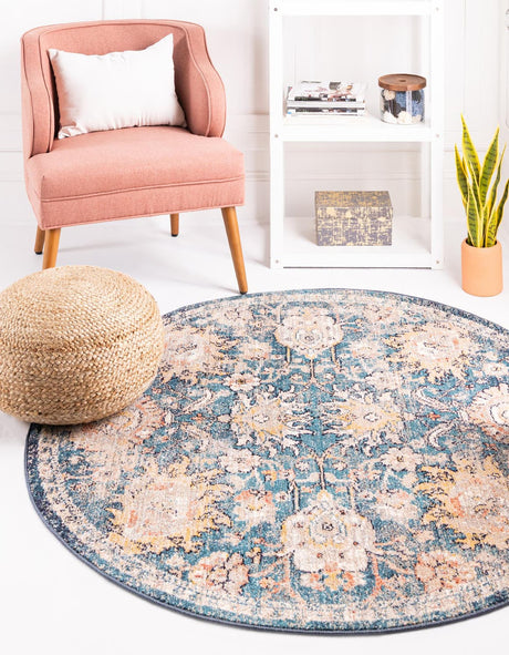 Blue 7' 10 x 7' 10 Lola Round Area Rug Polypropylene With Jute Backing Traditional Pattern Easy Clean Carpet for Home Interior Design for Sale at Rug Engine